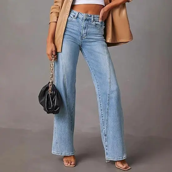 Damen High-Waist Wide-Leg Jeans mit dekorativer V-Naht Drune