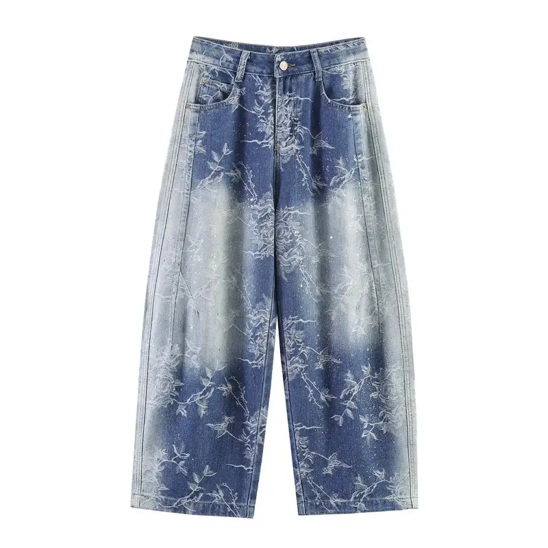 Damen Highwaist Culotte-Jeans mit weitem Bein und floraler Bleach-Optik Drune