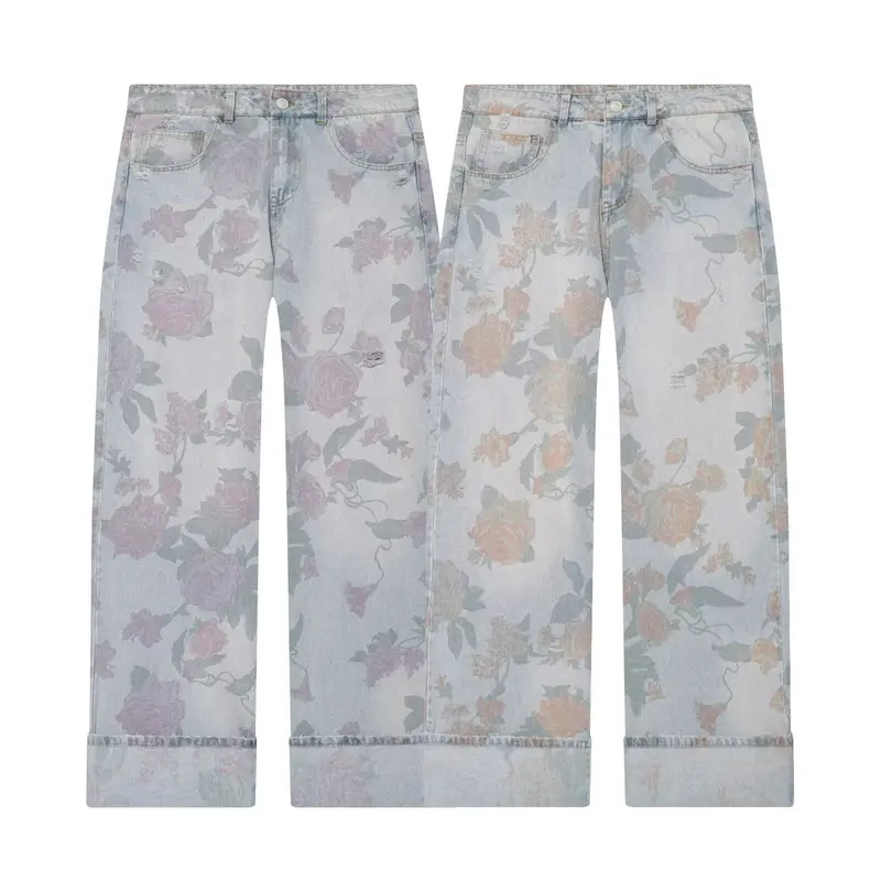 Damen Highwaist-Jeans mit weitem Bein, floralem Allover-Print und Umschlag Drune