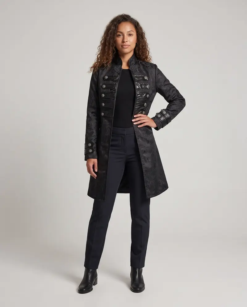 Damen historischer Brokatmantel mit eleganten Details und dekorativen Knöpfen Drune