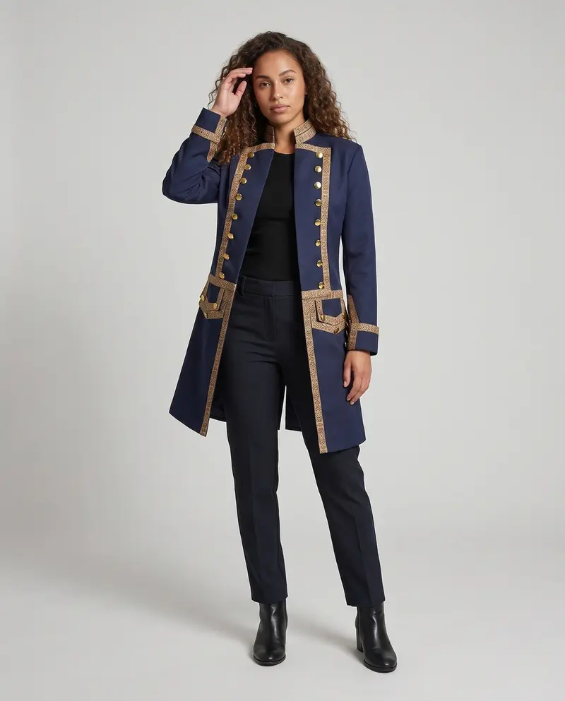 Damen historischer Militärmantel mit luxuriösen Verzierungen und elegantem Schnitt Drune