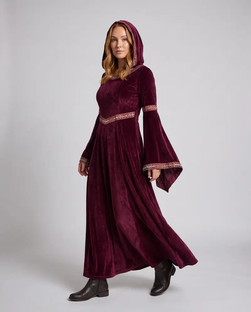 Damen historisches Kapuzenkostüm mit eleganten Trompetenärmeln Drune
