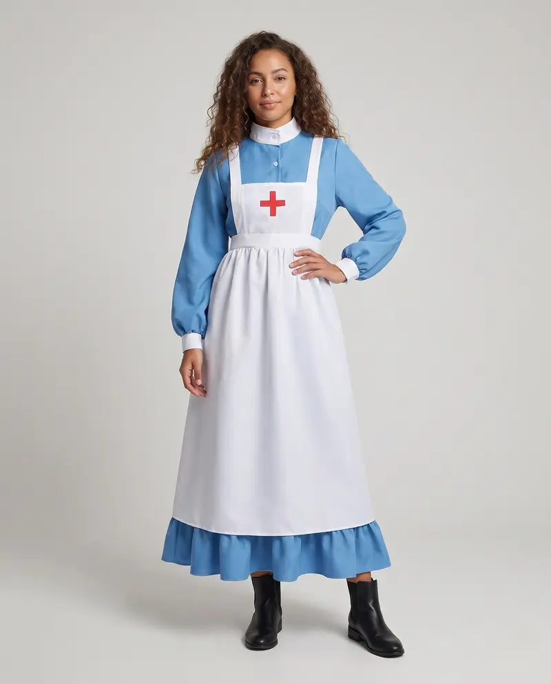 Damen historisches Krankenschwesterkleid mit Schürze und langen Ärmeln Drune