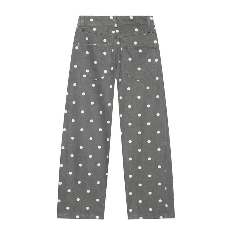 Damen Hochgeschnittene Culotte-Jeans mit weitem Bein, Polka-Dot-Print und aufgesetzten Gesäßtaschen Drune