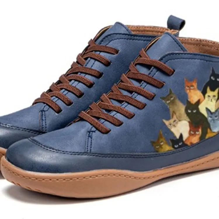 Damen Hochgeschnittene Leder-Sneaker mit handbemaltem Katzenmotiv und ergonomischer Laufsohle Drune