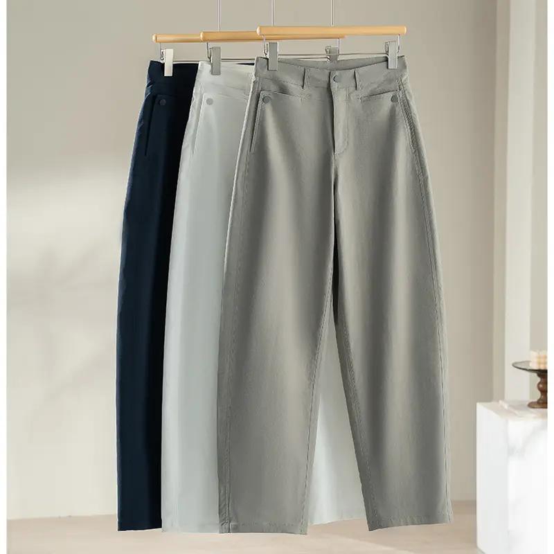 Damen Hochgeschnittene Weitbein-Hose aus fließendem Viskosemix mit Bügelfalte und Eingrifftaschen Drune