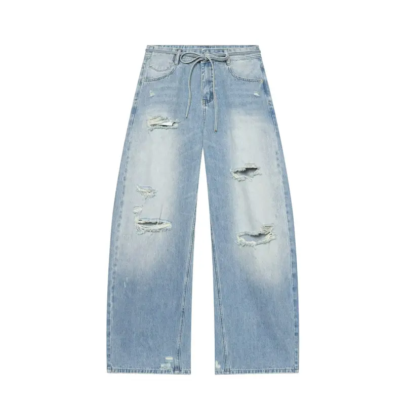 Damen Hochgeschnittene weite Denim-Jeans mit Destroyed-Details und Tunnelzug Drune