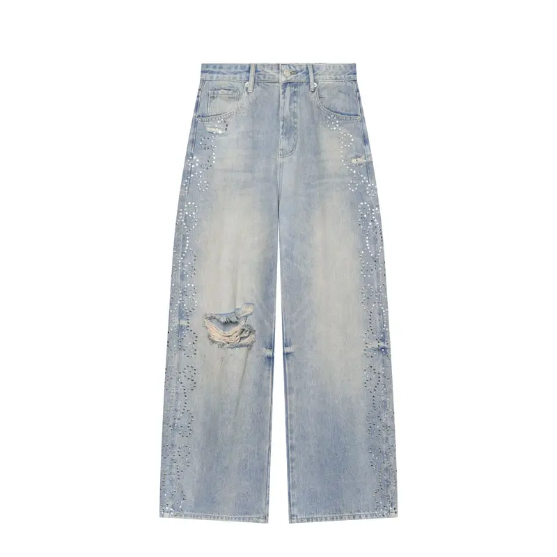 Damen Hochgeschnittene weite Jeans im verwaschenen Look mit Rissen und Nietenapplikation Drune