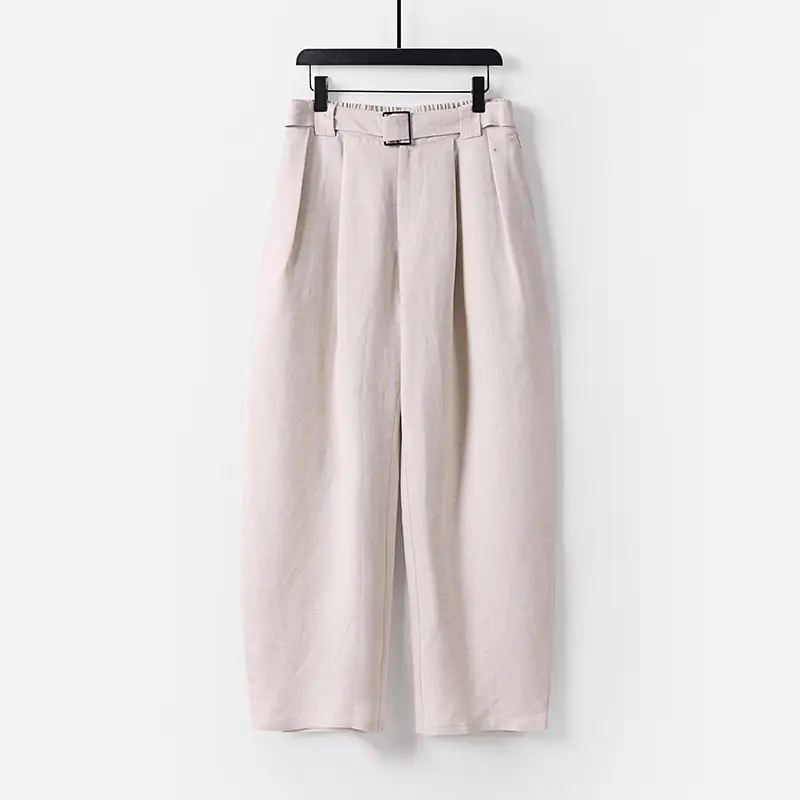 Damen Hochgeschnittene weite Leinenmix-Hose mit Bundfalten und Stoffgürtel Drune