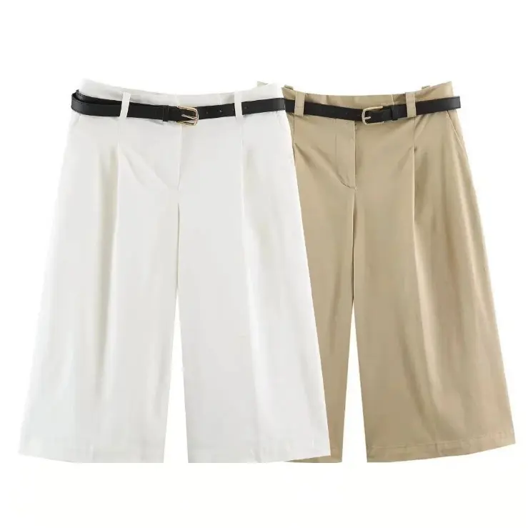 Damen Hochtaillierte Culotte‑Shorts mit Bügelfalte und Ziergürtel Drune