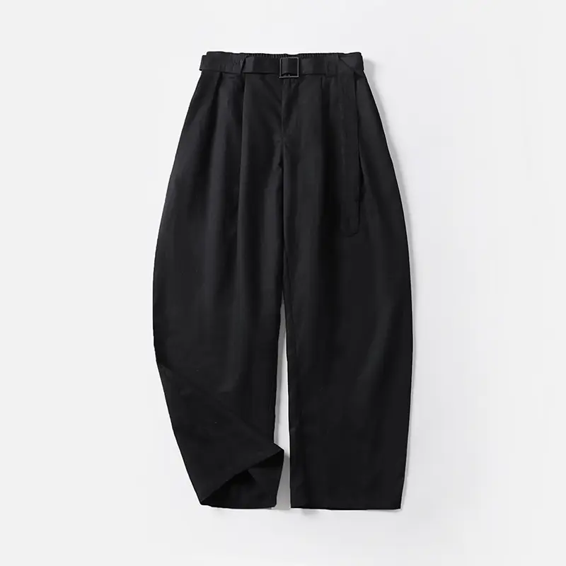Damen Hochtaillierte Leinen-Baumwoll Bundfaltenhose mit Bindegürtel und tapered Bein Drune