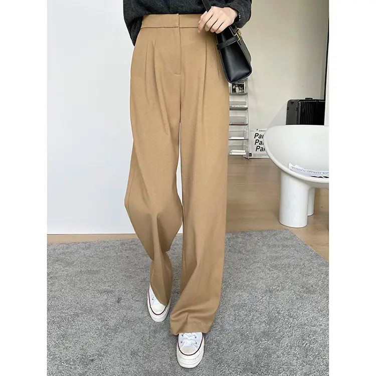 Damen Hochtaillierte, maßgeschneiderte Wide‑Leg Stoffhose mit Bundfalten und verlängertem Saum Drune