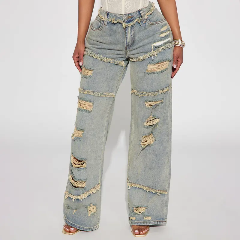 Damen Hochtaillierte Oversize-Jeans mit weitem Bein und ausgefransten Rissen Drune
