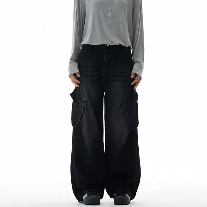 Damen Hochtaillierte Utility-Denim-Palazzohose mit Kniepaneelen und großen Klappentaschen Drune