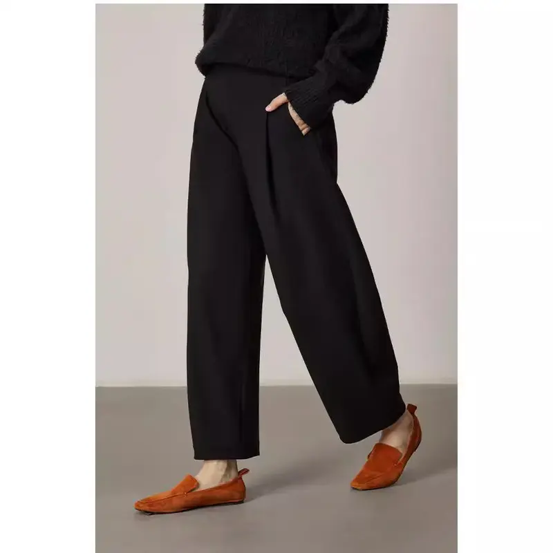 Damen Hochtaillierte weite Bundfaltenhose im Palazzo-Stil mit verdeckten Eingrifftaschen Drune