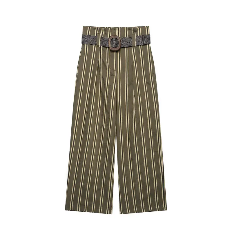 Damen Hochtaillierte weite Hose mit vertikalem Streifenmuster und Taillengürtel Drune