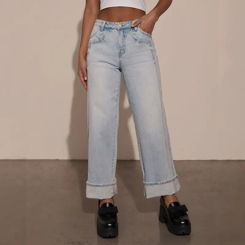 Damen Hochtaillierte weite Jeans mit extra breitem Umschlag Drune