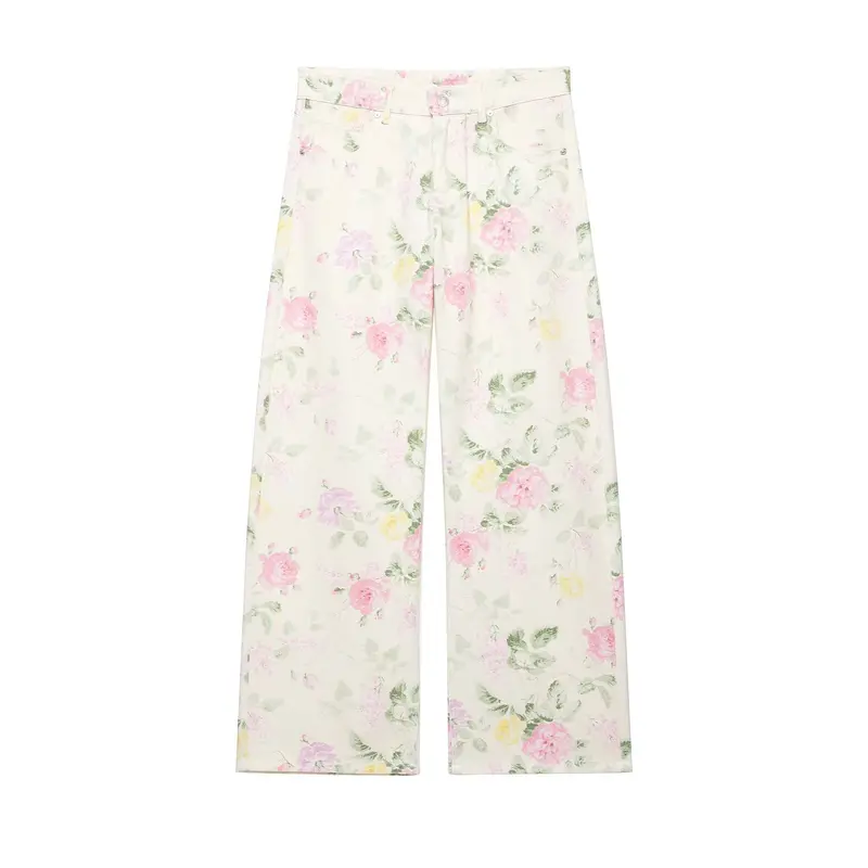 Damen Hochtaillierte weite Jeanshose mit zartem Blumenmuster und Fünftaschen-Schnitt Drune