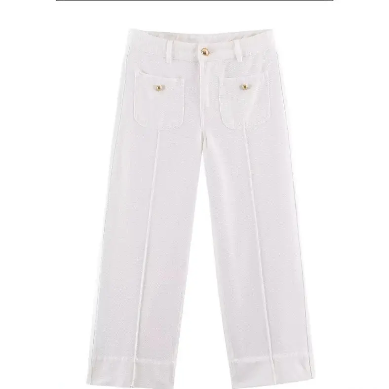 Damen Hochtaillierte weite Leinenhose mit Bügelfalte und aufgesetzten Taschen Drune