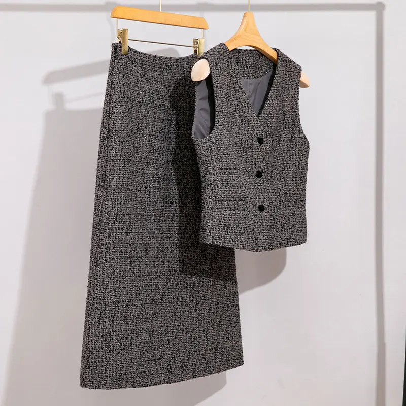 Damen Hochtaillierter Tweed-Midirock mit geradem Schnitt und leichter A‑Linie Drune