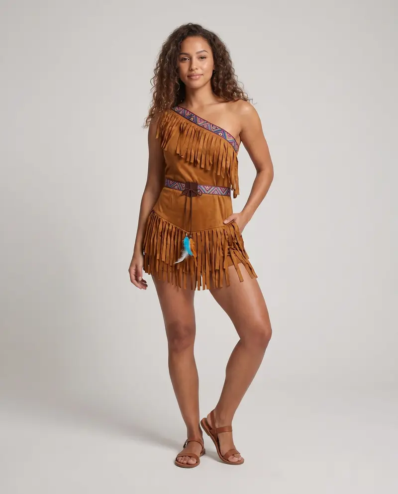 Damen indianisches Fransen-Kleid mit detaillierter Verzierung und passendem Zubehör Drune