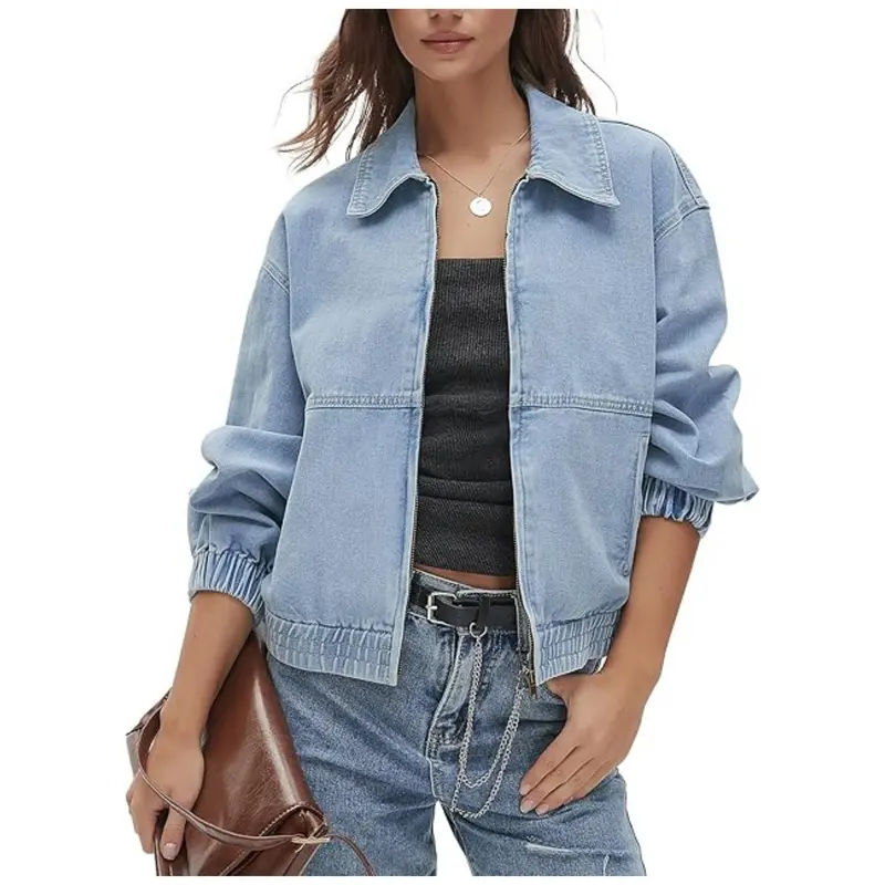 Damen Jeans-Bomberjacke mit Reißverschluss, elastischem Saum und Hemdkragen Drune