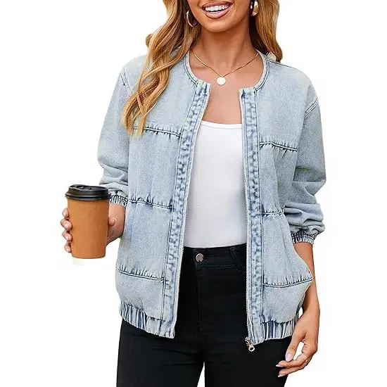 Damen Jeans-Bomberjacke mit Rundhalsausschnitt, elastischen Bündchen und aufgesetzten Taschen Drune