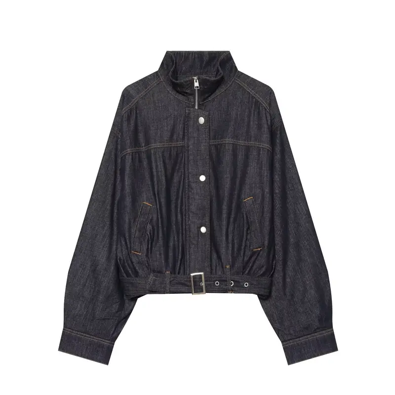 Damen Jeans-Cropped-Blouson mit Taillengürtel und hohem Stehkragen Drune