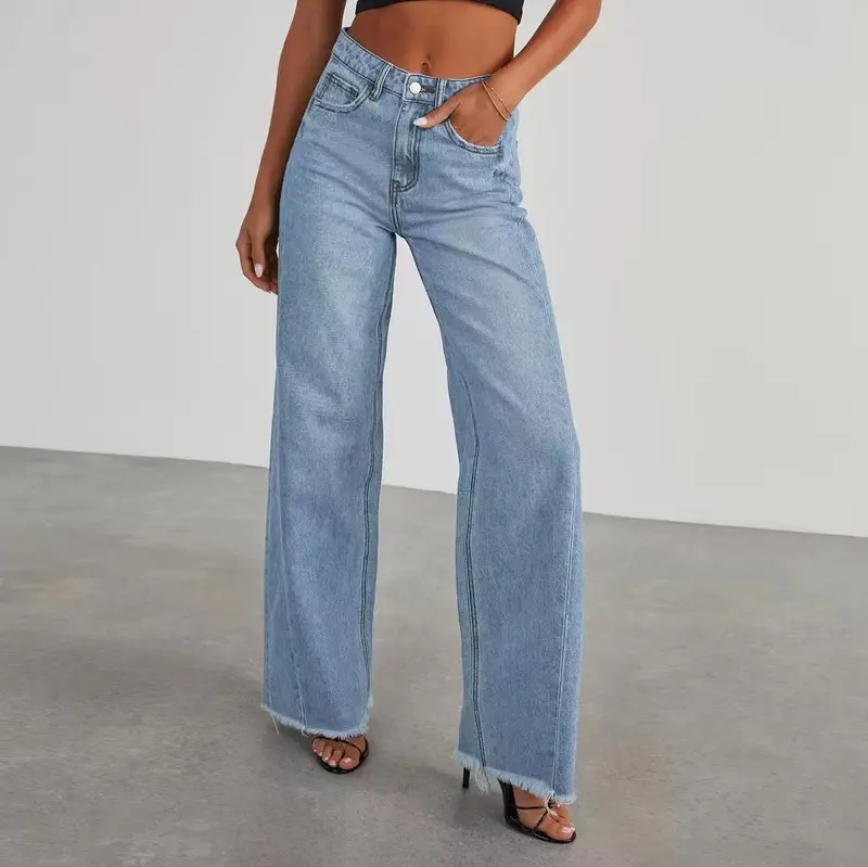Damen Jeans mit hoher Taille und weitem Bein sowie ausgefranstem Saum Drune