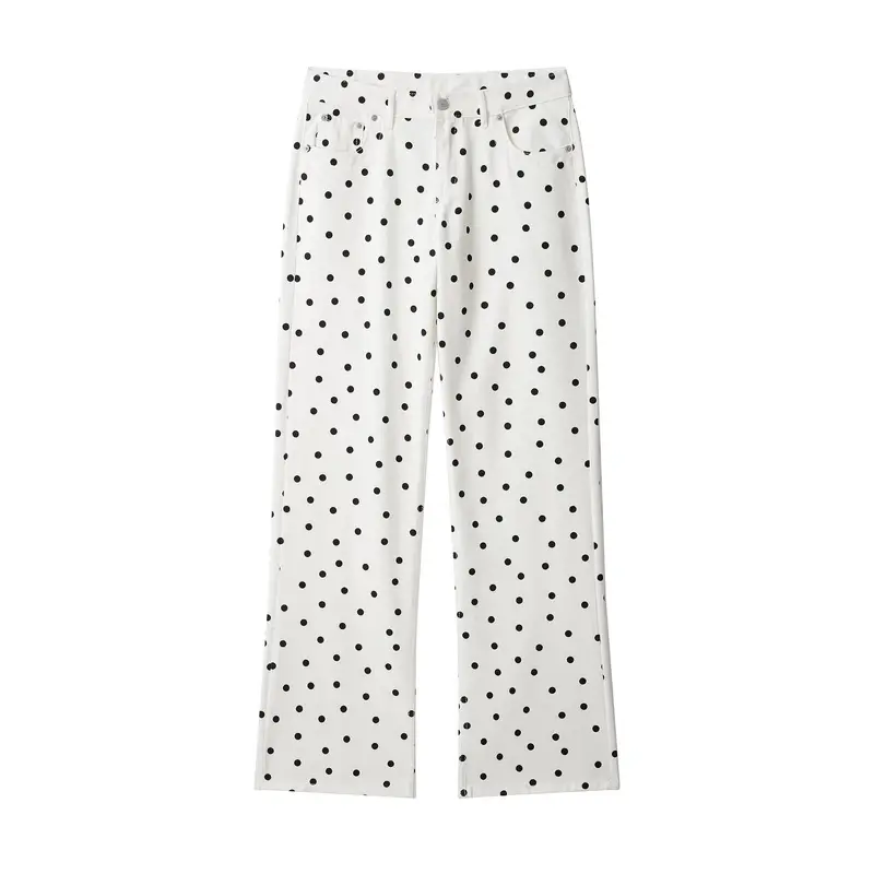 Damen Jeanshose mit weitem Bein, hohem Bund und Polka‑Dot‑Print Drune