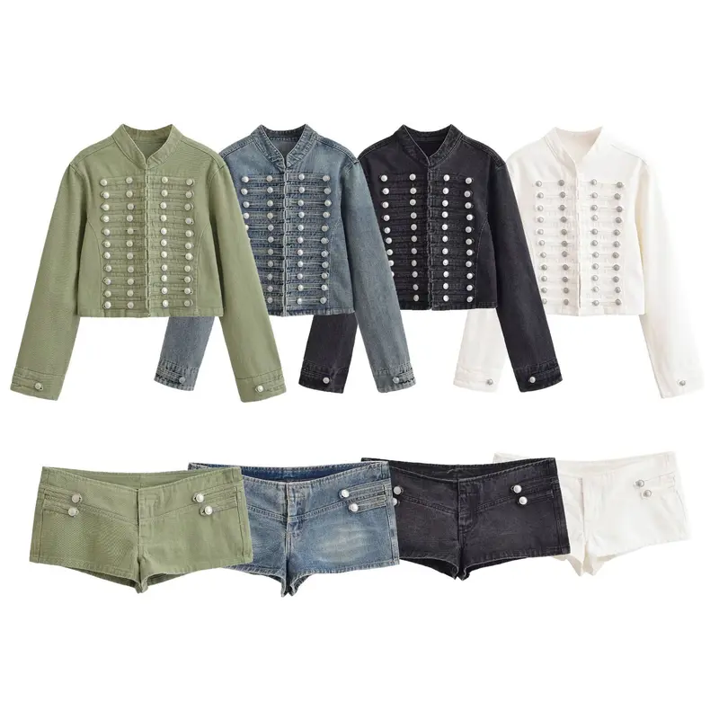 Damen Jeansjacke im Military-Stil mit Stehkragen und dekorativen Zierknopfleisten Drune