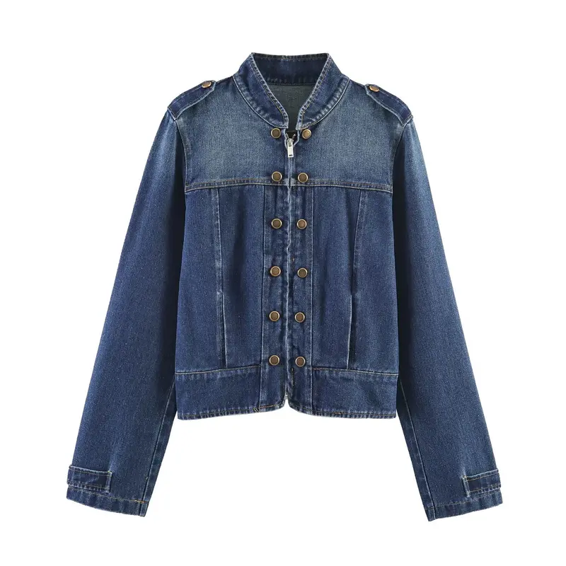 Damen Jeansjacke mit Stehkragen, Doppelreihen‑Druckknöpfen und Schulterklappen Drune