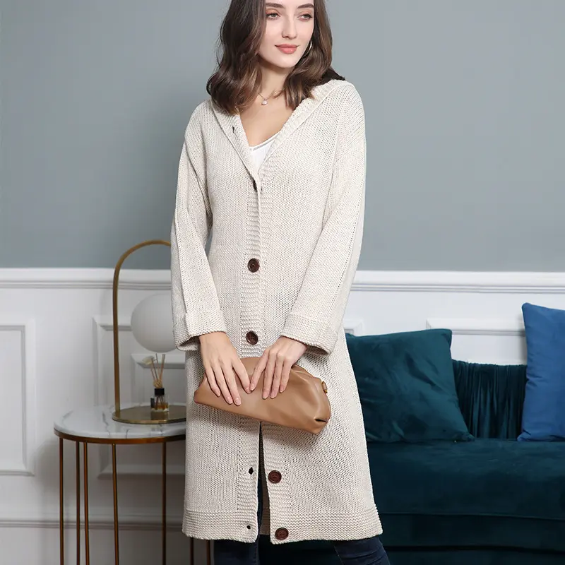 Damen Kapuzen-Longcardigan aus mitteldickem Rippstrick mit durchgehender Knopfleiste und lockerem Oversize-Schnitt Drune