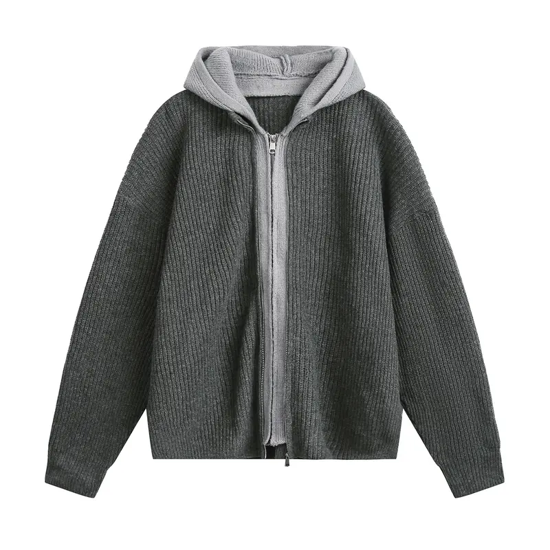 Damen Kapuzen-Strickjacke mit Reißverschluss und geripptem Oversize-Schnitt Drune