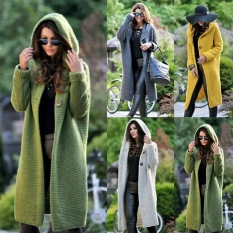 Damen Kapuzen-Strickmantel mit Oversize-Schnitt und Knopfleiste Drune