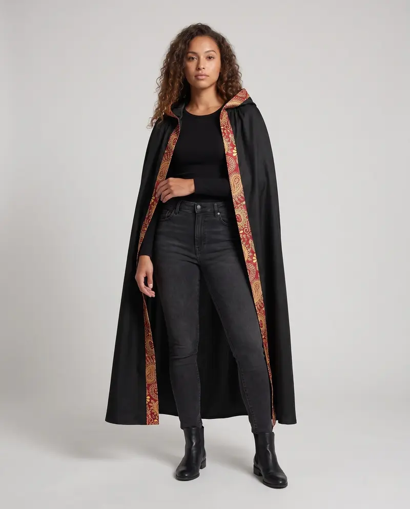 Damen Kapuzenumhang mit kunstvollem Design und farbenfrohen Akzenten Drune