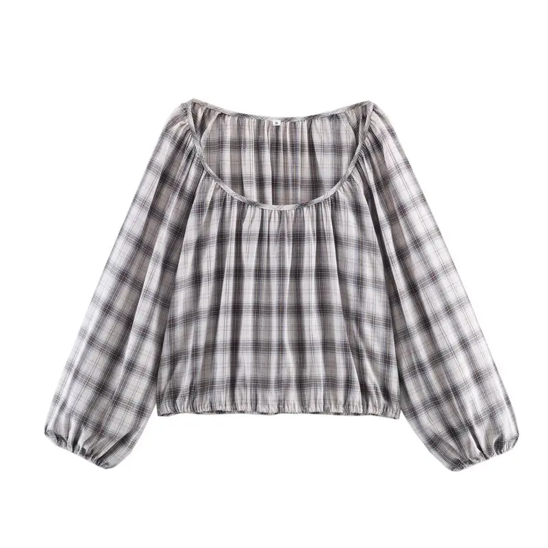 Damen Karierte Carmen‑Bluse mit weitem Ausschnitt, Ballonärmeln und elastischem Saum Drune