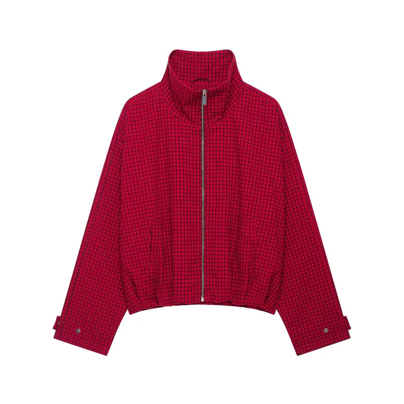 Damen Karierte Cropped-Boxy-Übergangsjacke mit hohem Stehkragen und Reißverschluss Drune