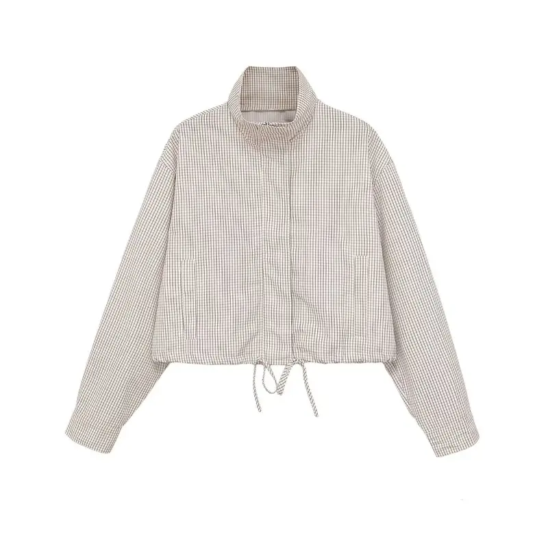 Damen Karierte Cropped-Jacke mit Stehkragen, Tunnelzug und verdecktem Reißverschluss Drune