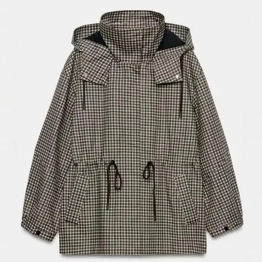 Damen karierter Anorak mit Kapuze und Tunnelzug Drune