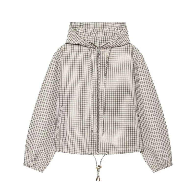 Damen Karierter Cropped‑Windbreaker mit Kapuze, Tunnelzug und Reißverschluss Drune