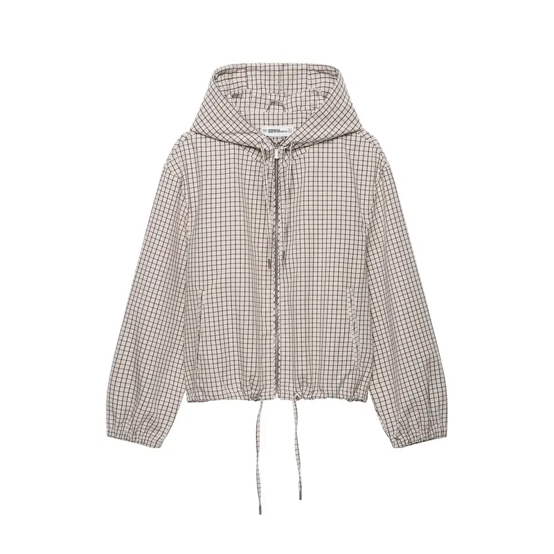 Damen Kariertes Cropped-Blouson mit Kapuze, Tunnelzug und Reißverschluss Drune
