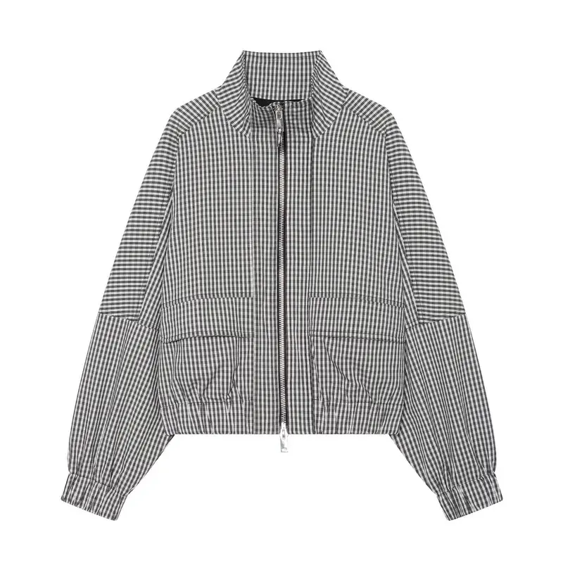 Damen Kariertes Cropped-Blouson mit Stehkragen, Reißverschluss und elastischem Saum Drune