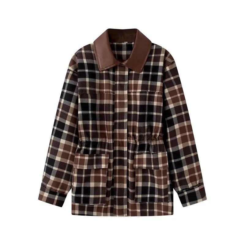 Damen Kariertes Overshirt‑Mantel mit Kunstlederkragen und Taillen‑Tunnelzug Drune