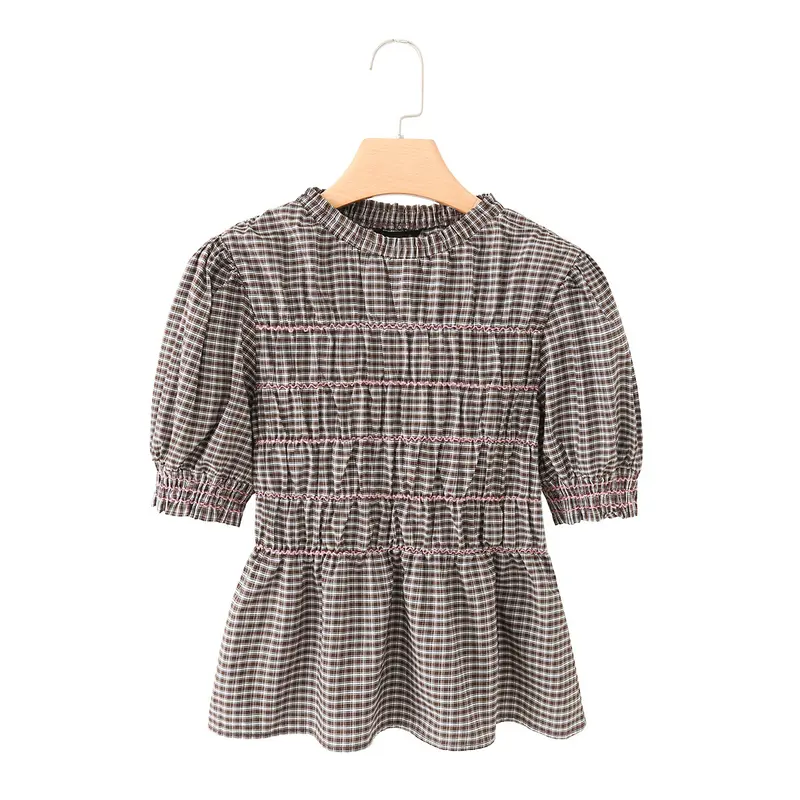 Damen Kariertes Smock-Tunika-Top mit Volantbund und Puffärmeln Drune