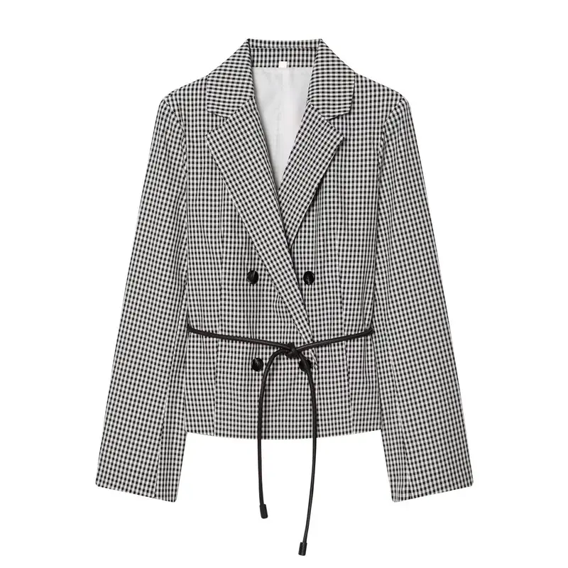 Damen Karo-Cropped-Blazer mit doppelreihiger Knopfleiste und Tunnelzugbindegürtel Drune