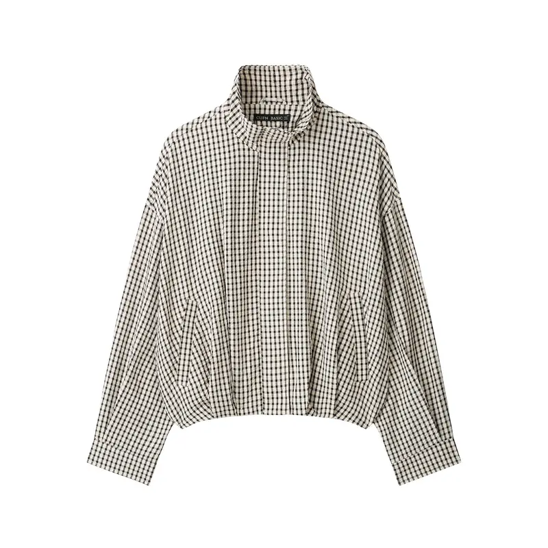 Damen Karo Cropped Oversized Jacke mit Funnelkragen und Tulpenform Drune