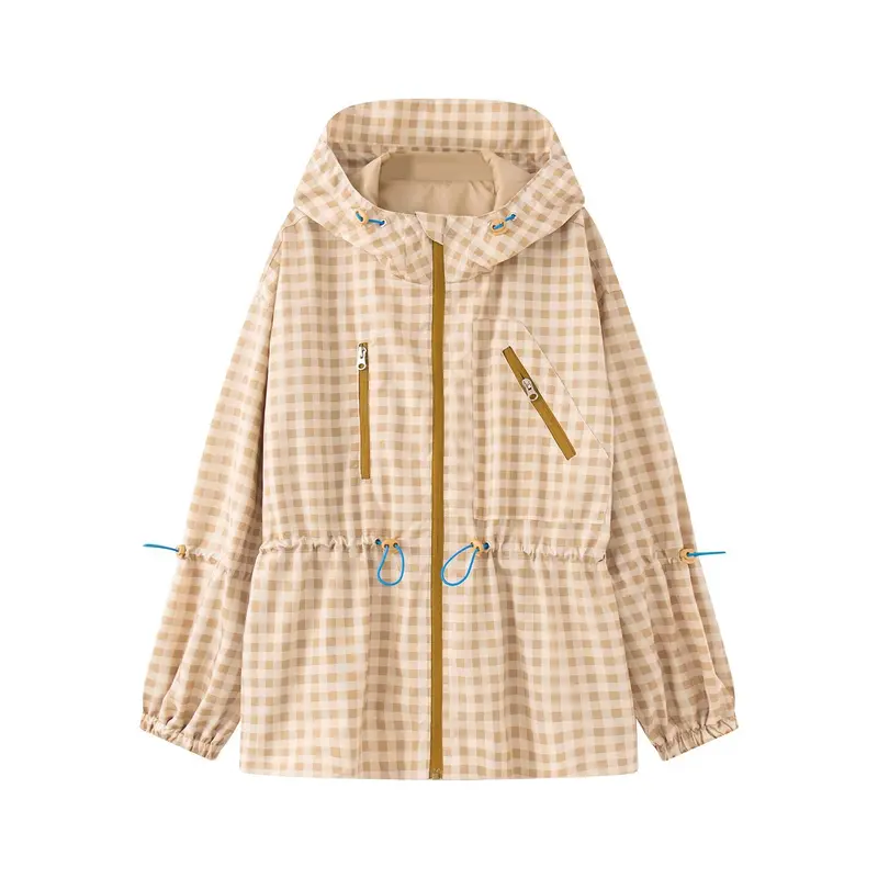 Damen Karo-Übergangsjacke mit Kapuze, Tunnelzug und wasserabweisender Beschichtung Drune