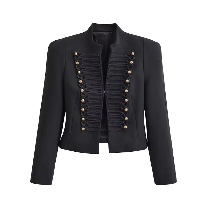 Damen Kastenfreie Militär-Jacke im Cropped‑Schnitt mit Stehkragen und Zierkordel-Detail Drune