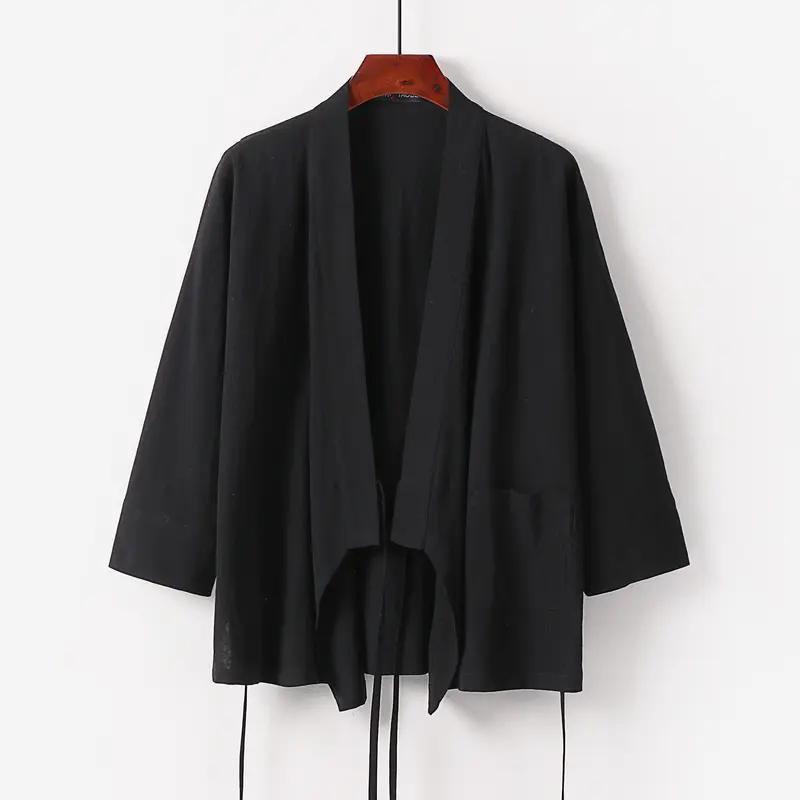Damen Kimono-Cardigan aus Baumwoll-Leinen mit dreiviertelärmeln Bindegürtel und aufgesetzten Taschen Drune